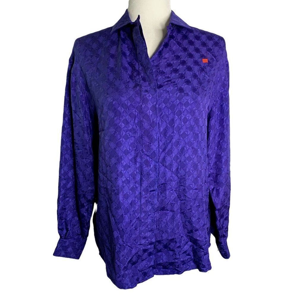 Vintage Tahari Silk Hidden Button Down Shirt 4 Blue Diamonds Long Sleeve Collar